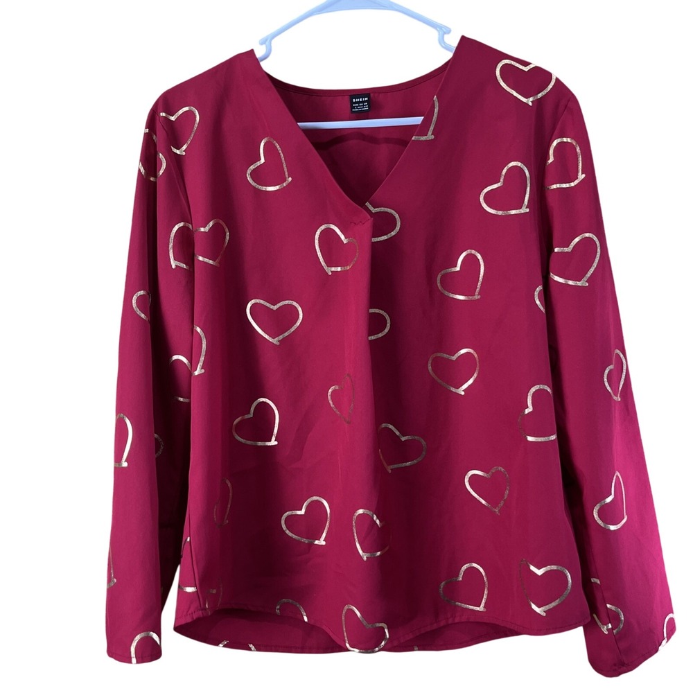 SHEIN Blouse Womens L Burgundy Gold Foil Heart Print V-Neck Long Sleeve Romantic